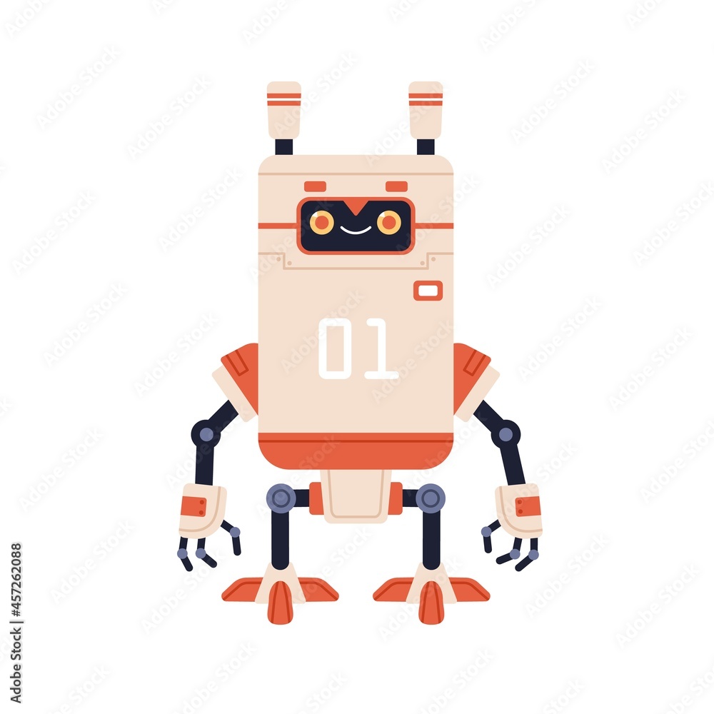 Poster cute happy robot in old retro style. funny childish bot toy with smiling friendly face. kids humanoi