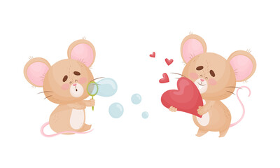 Cute Mouse Character as Small Rodent Blowing Bubbles and Holding Red Heart Vector Set