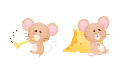 Obraz na płótnie Canvas Cute Mouse Character as Small Rodent Playing Flute and Sitting Overeating with Cheese Vector Set