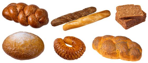 A set of various baked goods isolated on a white background.Fresh, bright flour products .