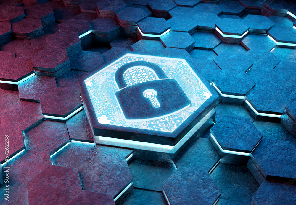 Poster Web security icon concept engraved on metal hexagonal pedestral background. Padlock Logo glowing on abstract digital surface. 3d rendering