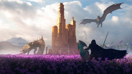 Epic hero elf knight in a purple flowers field fight with two big dragons in defense of a tower castle in beautiful sunlight - concept art - 3D rendering - obrazy, fototapety, plakaty