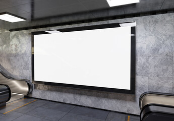Panoramic billboard on underground subway Mockup. Hoarding advertising hanging on train station interior 3D rendering
