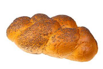 Sweet pastries with poppy seed filling isolated on a white background.Puff pastry braided pigtail sprinkled with poppy seeds on a white background.