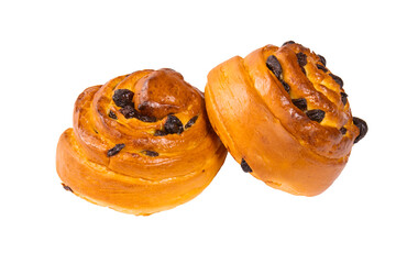 Two buns made of puff pastry with raisins, isolated on a white background.