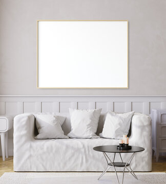 Mockup poster in modern living room white interior background, 3D illustration. 3D render.