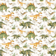 Dinosaur seamless pattern. Watercolor cartoon dino wallpaper on tropical background. Surface design with palm trees and prehistorical reptiles: stegosaurus, pterodactil, triceratops