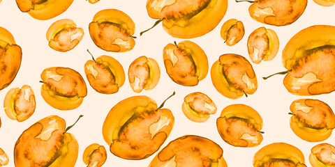 Watercolor seamless pattern from a set of fruit - peach, apricot, yellow plum, cherry plum. Apricot on a branch with a leaf. decoration and design. prune, apricot. Fruit packaging design 