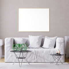 Mockup poster in modern living room white interior background, 3D illustration. 3D render.
