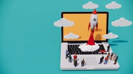 3d rendering  isometric illustration start up concept design, Abstract urban modern style.Team working on spaceship launch start up and big word. Creative idea rocket and object colour collection.