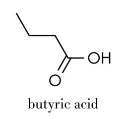 Butyric acid (butanoic acid) short-chain fatty acid molecule. Esters and salts are called butyrates. Skeletal formula.