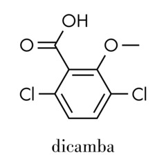 Dicamba herbicide molecule. Used in weed control. Skeletal formula.