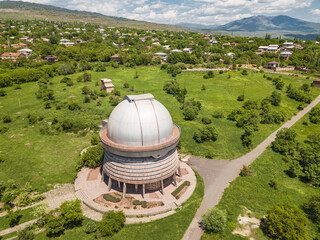 Aerial view of old soviet observatory in the city of Byurakan, Armenia. Located high in mountains...