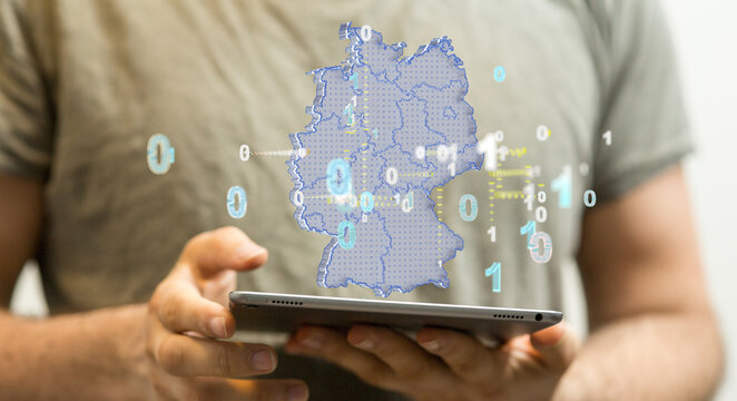 a virtual germany land map digital in hand 3d.