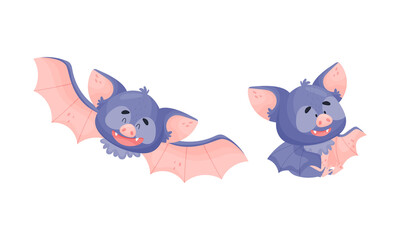 Obraz na płótnie Canvas Funny Purple Bat Character Sitting and Fluttering Vector Set