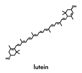 Lutein yellow-orange plant pigment molecule. Used as food and feed additive but also naturally present in many vegetables. Skeletal formula.