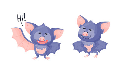 Funny Purple Bat Character Greeting Saying Hi Vector Set