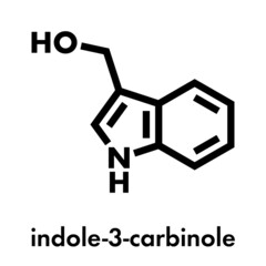 Fototapeta premium Indole-3-carbinole (I3C) cruciferous vegetable molecule. Present in food prepared with broccoli, cabbage, kale, etc. May have beneficial health effects. Skeletal formula.