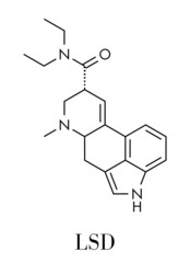 LSD (lysergic acid diethylamide) psychedelic drug molecule. Skeletal formula.