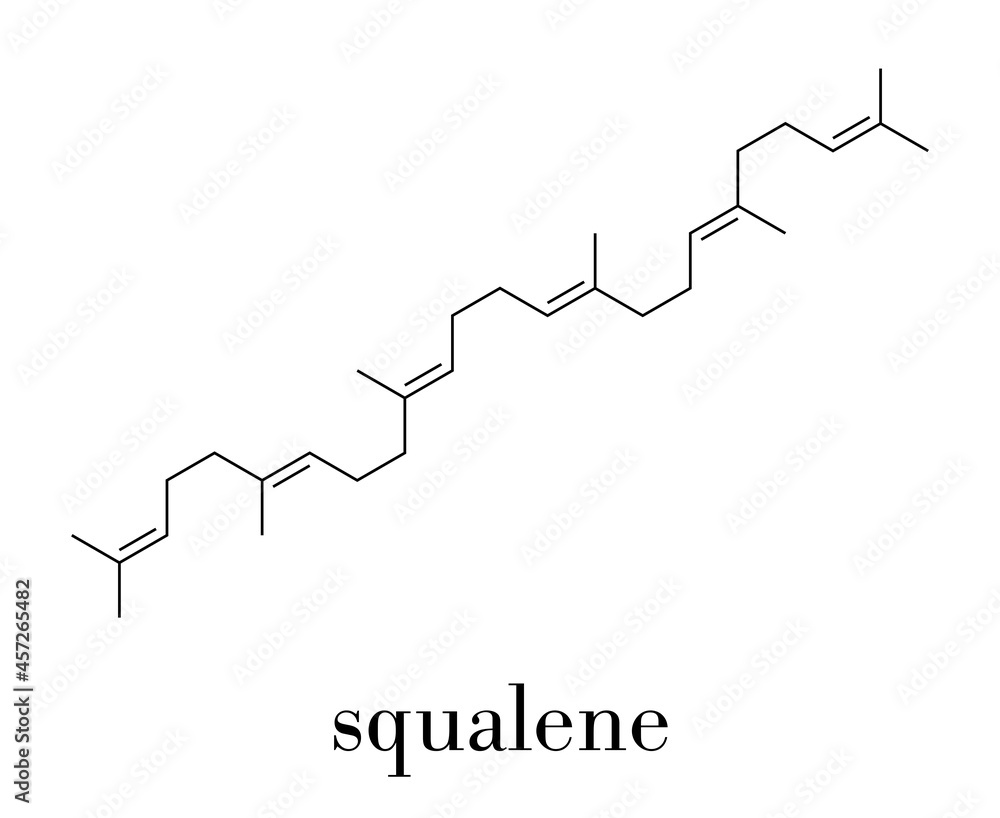 Sticker Squalene natural hydrocarbon molecule. Found in shark liver oil and number of plant sources. Skeletal formula.