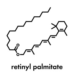 Retinyl palmitate vitamin supplement molecule. Ester of vitamin A (retinol) and palmitic acid. Skeletal formula.