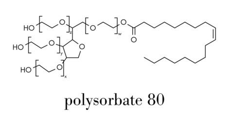 Polysorbate 80 surfactant and emulsifier molecule. Used in food (E433), cosmetics and medicines. Skeletal formula.
