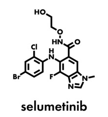 Selumetinib cancer drug molecule (MEK1 and MEK2 inhibitor). Skeletal formula. - obrazy, fototapety, plakaty