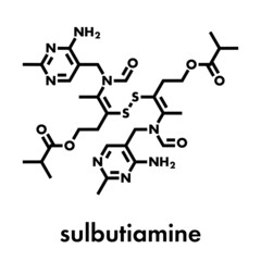 Sulbutiamine asthenia drug molecule. Also used in nutritional supplements. Skeletal formula.