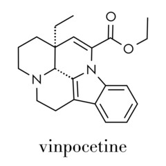 Vinpocetine molecule. Semisynthetic vinca alkaloid derivative, used as drug and as dietary supplement. Skeletal formula.