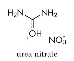 Urea nitrate high explosive molecule. Prepared by reacting urea with nitric acid and commonly used in improvised explosive devices (IEDs). Skeletal formula.