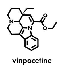 Vinpocetine molecule. Semisynthetic vinca alkaloid derivative, used as drug and as dietary supplement. Skeletal formula.