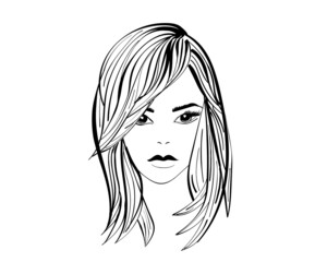 Young woman facial with modern hairstyle, fashion model ink drawing outline sketch. long hair fashion woman portrait style. beautiful girl face, black white, beauty salon design vector illustration
