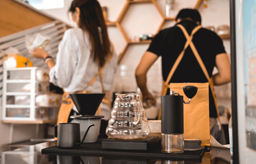 Equipment for drip coffee.high quality Jug, scale and hand grinder in coffee shop