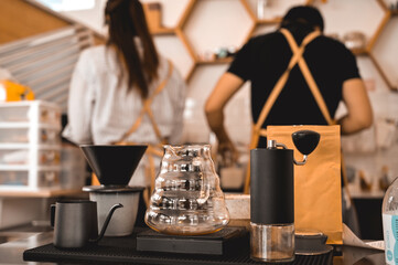 Equipment for drip coffee.high quality Jug, scale and hand grinder in coffee shop