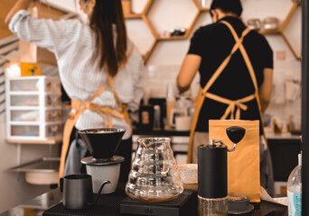 Equipment for drip coffee.high quality Jug, scale and hand grinder in coffee shop