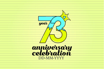 73 year anniversary blue and yellow color cartoon style, sweet style, candy look, with paper book style background - vector