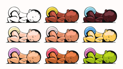 multiracial group of sleeping kids on white