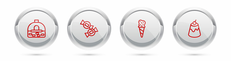 Set line Brick stove, Candy, Ice cream in waffle cone and Pudding custard. Silver circle button. Vector