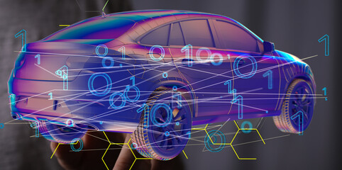 Hologram auto, futuristic polygonal model auto.