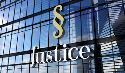 Justice - typographical concept, sign on glass building - 3D illustration