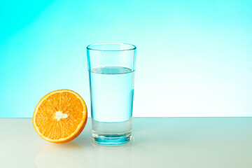 glass of water and half of orange on blue background with copy space. vitamin C concept.