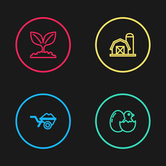 Set line Wheelbarrow with dirt, Little chick in cracked egg, Farm house and Plant icon. Vector