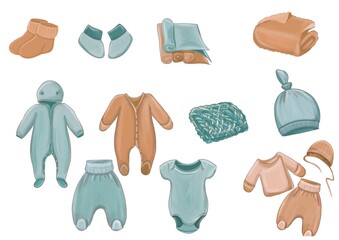 Set of newborn firs clothes in pastel colors. Cute baby icon illustration. Child romper, onesies, trousers, socks, hat, towels, blanket  