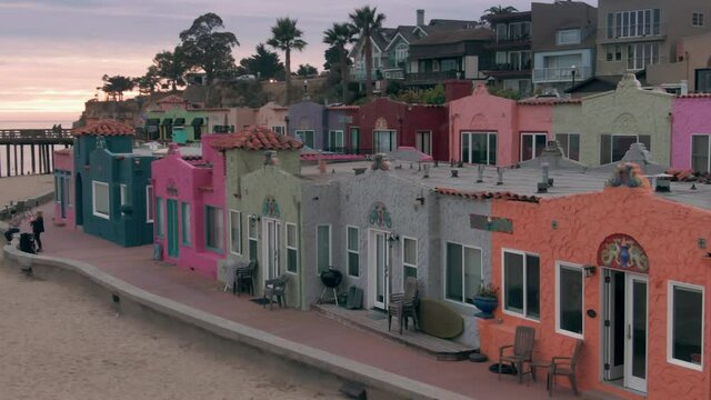 Aerial: Colorful houses and beach, Capitola, Santa Cruz, California, USA