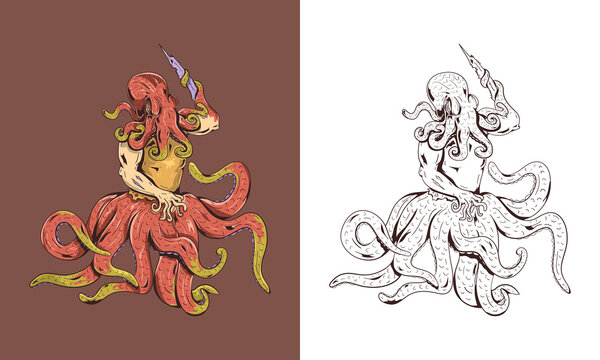 Illustration vector graphic of Octopusman. Animal Mutant character. Hand drawn sketch. Vector engraved illustration for logo, label, tattoo or T-shirts, and coloring book