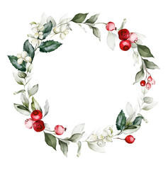 Christmas wreath with berries in a watercolor style - 457268077