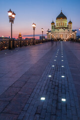 Obraz premium Cathedral of Christ the Savior with beautiful illumination in the light of evening city lighting. Cityscape at sunset.