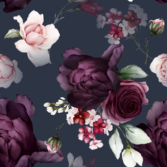 Seamless watercolor pattern with purple roses and peonies in a watercolor style
