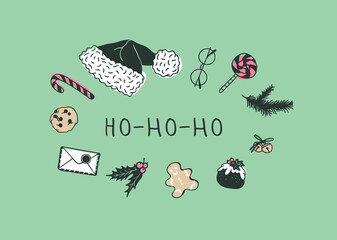 Hand drawn pattern with Christmas objects.Vector Celebration Illustration. Creative artwork. Cozy Winter set of decoration. Doodle Holidays background.