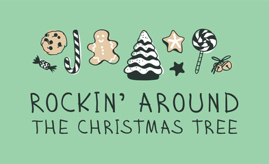 Hand drawn pattern with Christmas objects.Vector Celebration Illustration. Creative artwork. Cozy Winter set of decoration. Doodle Holidays background with sweets